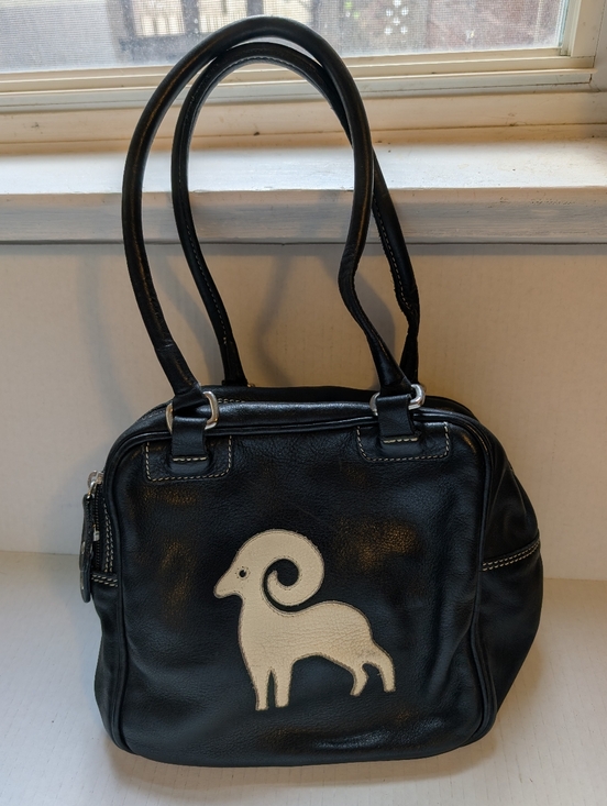 Roots Handbags - Vintage Y2K Roots Canada Black Leather Aries Zodiac Bowling bag - White Ram